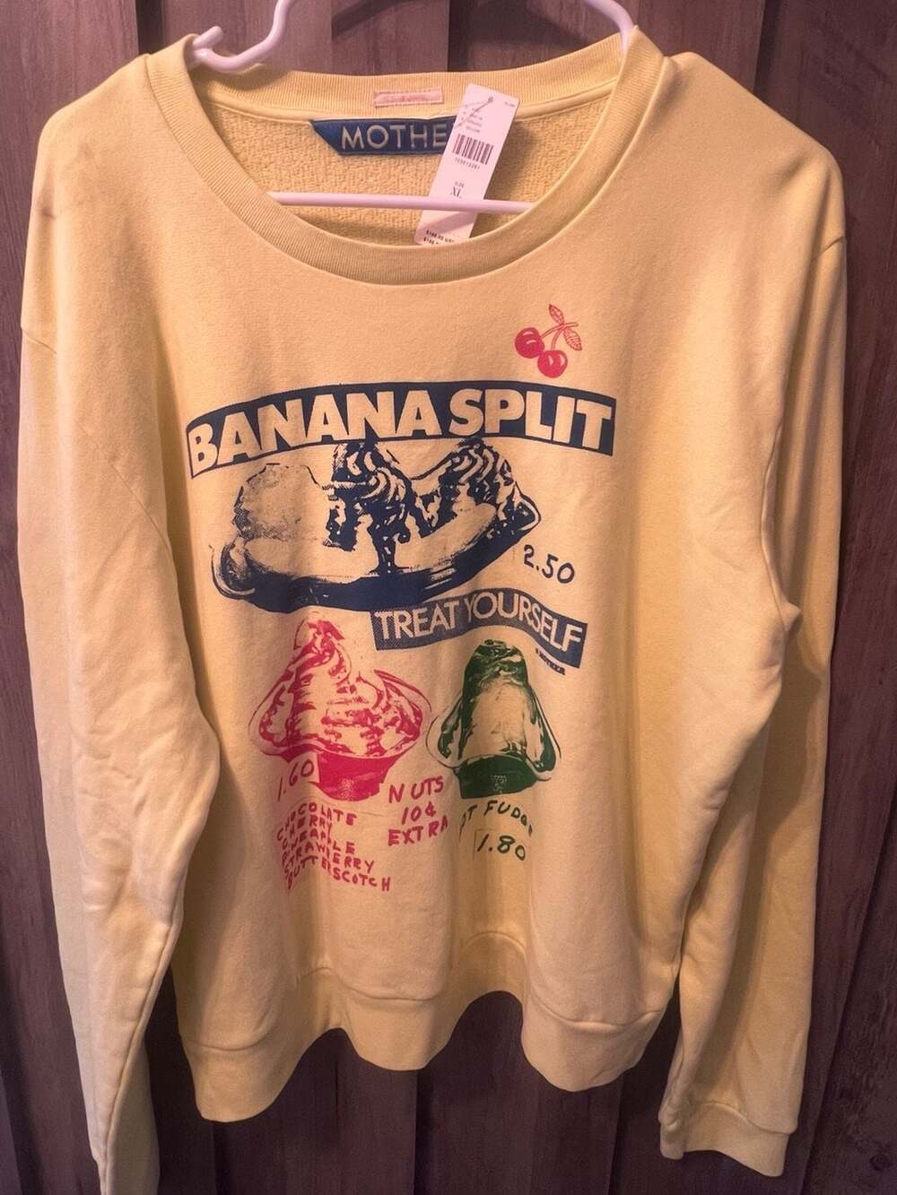 Mother Banana Split Treat Yourself Sweatshirt Size XL Yellow Graphic Pullover